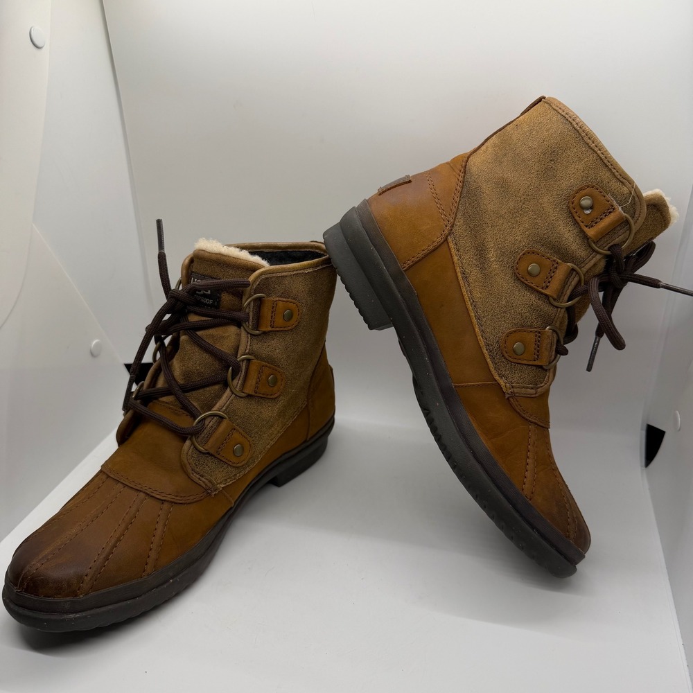 UGG Waterproof Leather Suede Shearling Lined Lace Up Boots Brown Women's 6.5